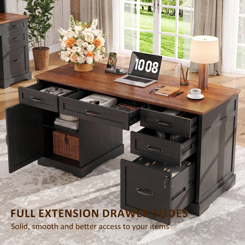 Whalefall: 55" Farmhouse Executive Desk with Drawers & Charging Station
