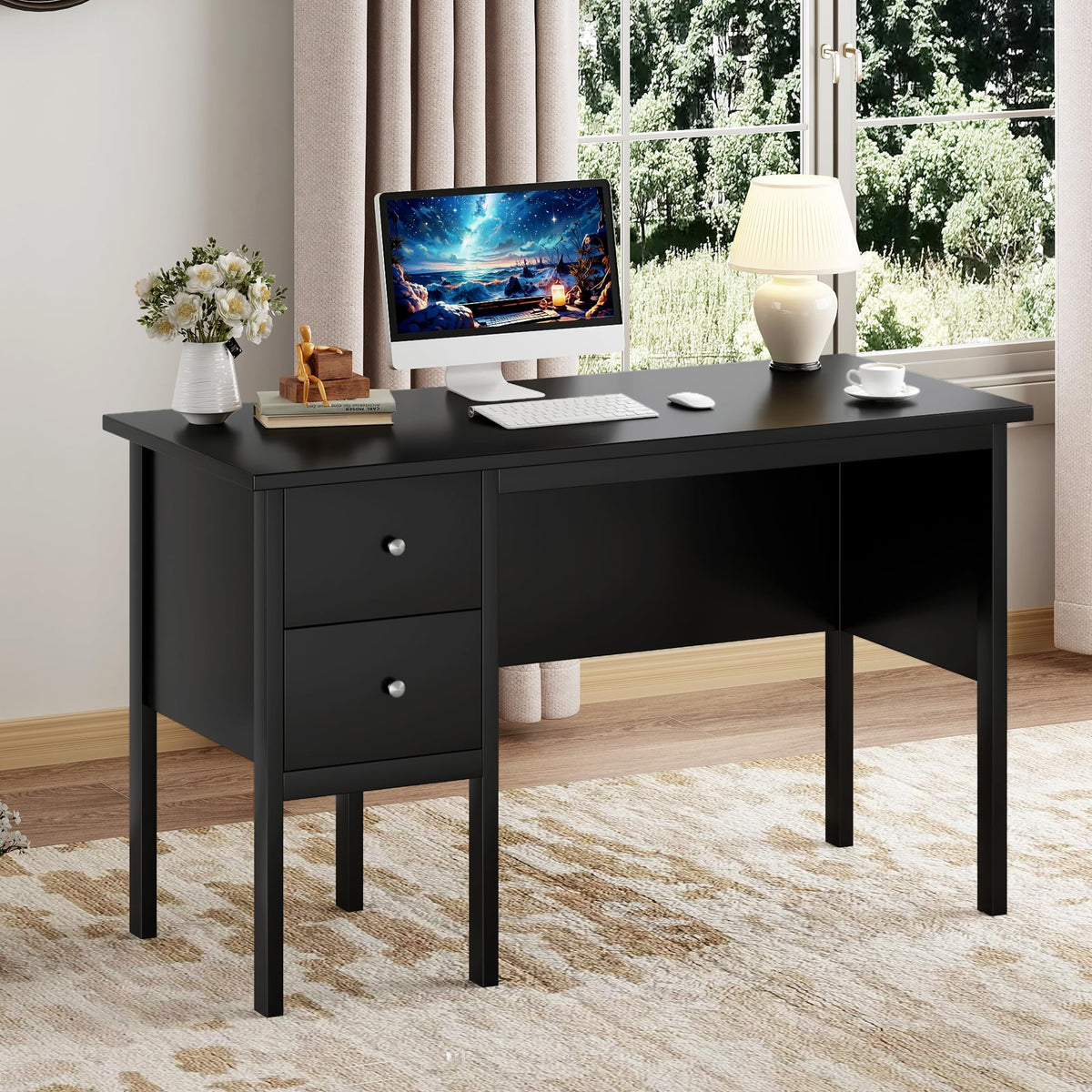 BHG: 43.3" Modern Student Study Desk with Drawers (White)