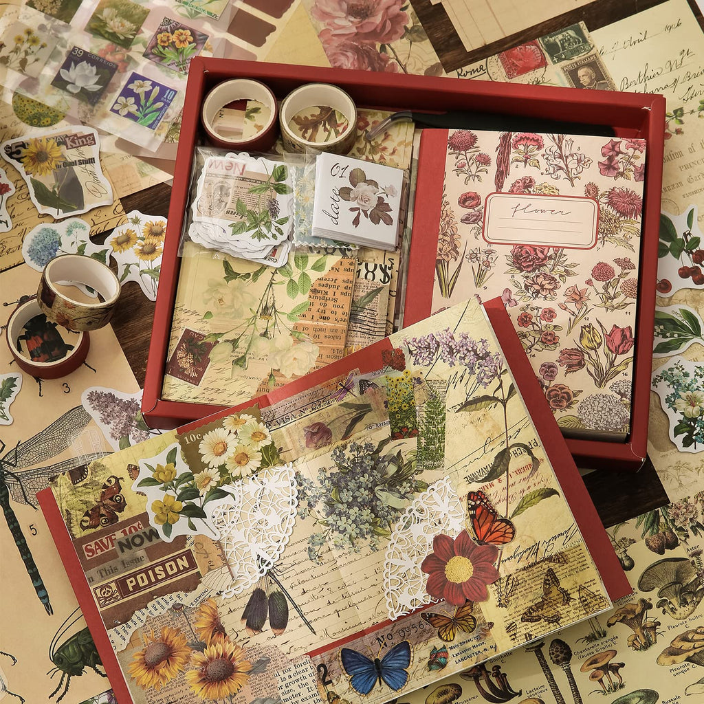 emmoolife 348 Pcs Scrapbooking Supplies Kit, Vintage Aesthetic Scrapbook Kit for Bullet Junk Journal, Stationery, A6 Grid Notebook, DIY Journaling Supplies, Birthday Craft Gift for Teen Girl Women