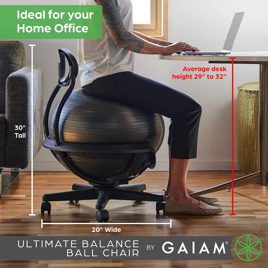 Gaiam Classic Balance Ball Chair – Ergonomic Stability Chair for Desk & Office | Yoga Ball Seat with Base, Air Pump, & Exercise Guide | Improves Posture & Core Strength (300 lb Capacity)