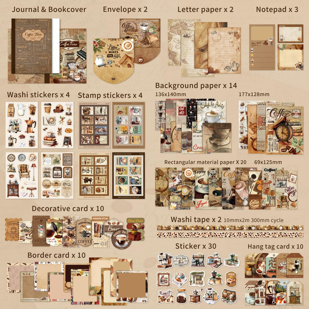 emmoolife 348 Pcs Scrapbooking Supplies Kit, Vintage Aesthetic Scrapbook Kit for Bullet Junk Journal, Stationery, A6 Grid Notebook, DIY Journaling Supplies, Birthday Craft Gift for Teen Girl Women