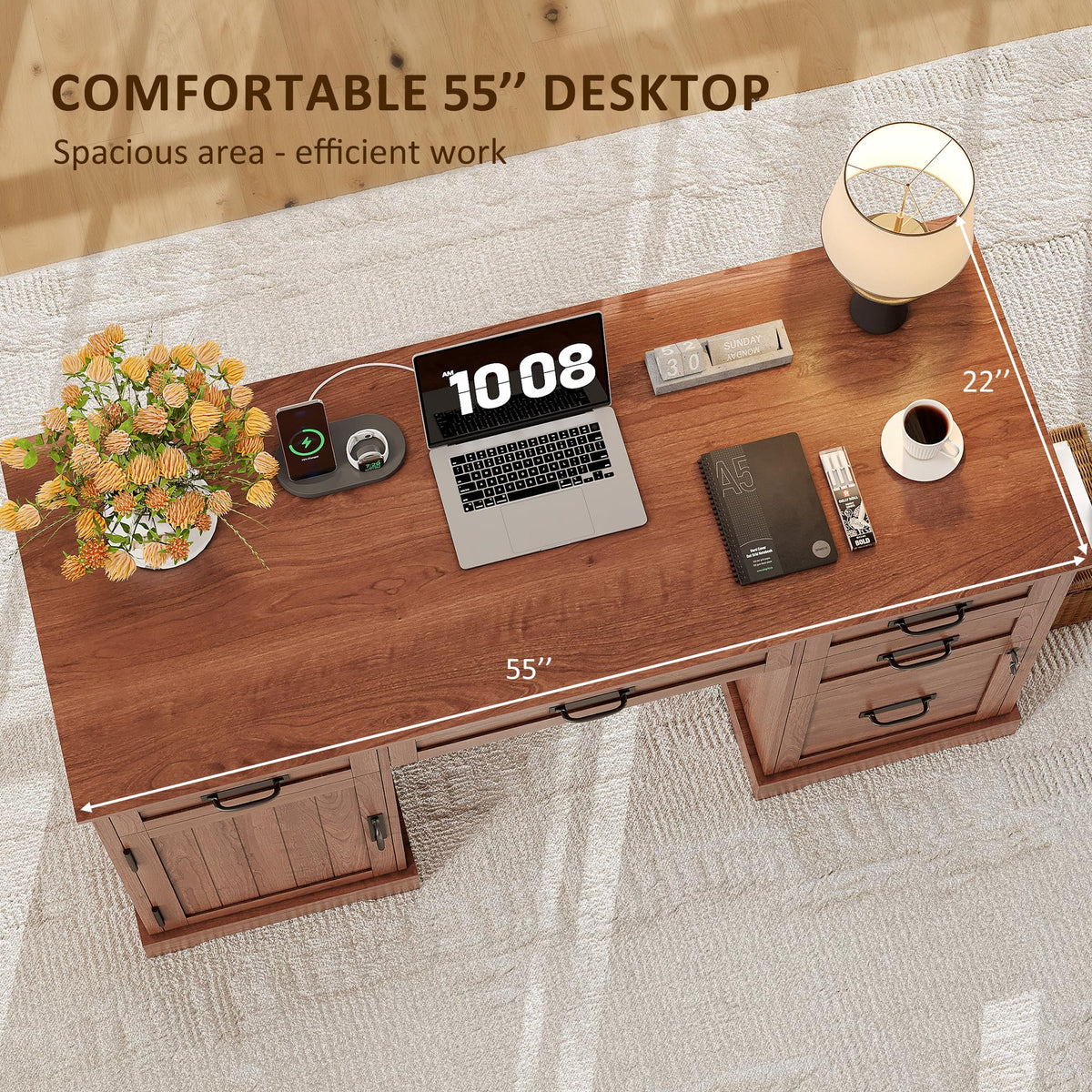 Whalefall: 55" Farmhouse Executive Desk with Drawers & Charging Station