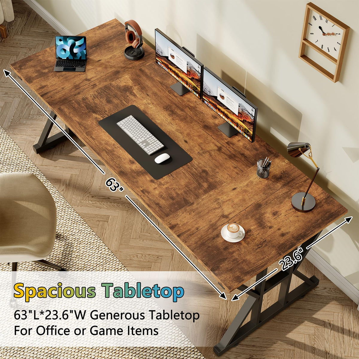 63" Large Computer Desk with Thickened Frame for Home Office, Living Room
