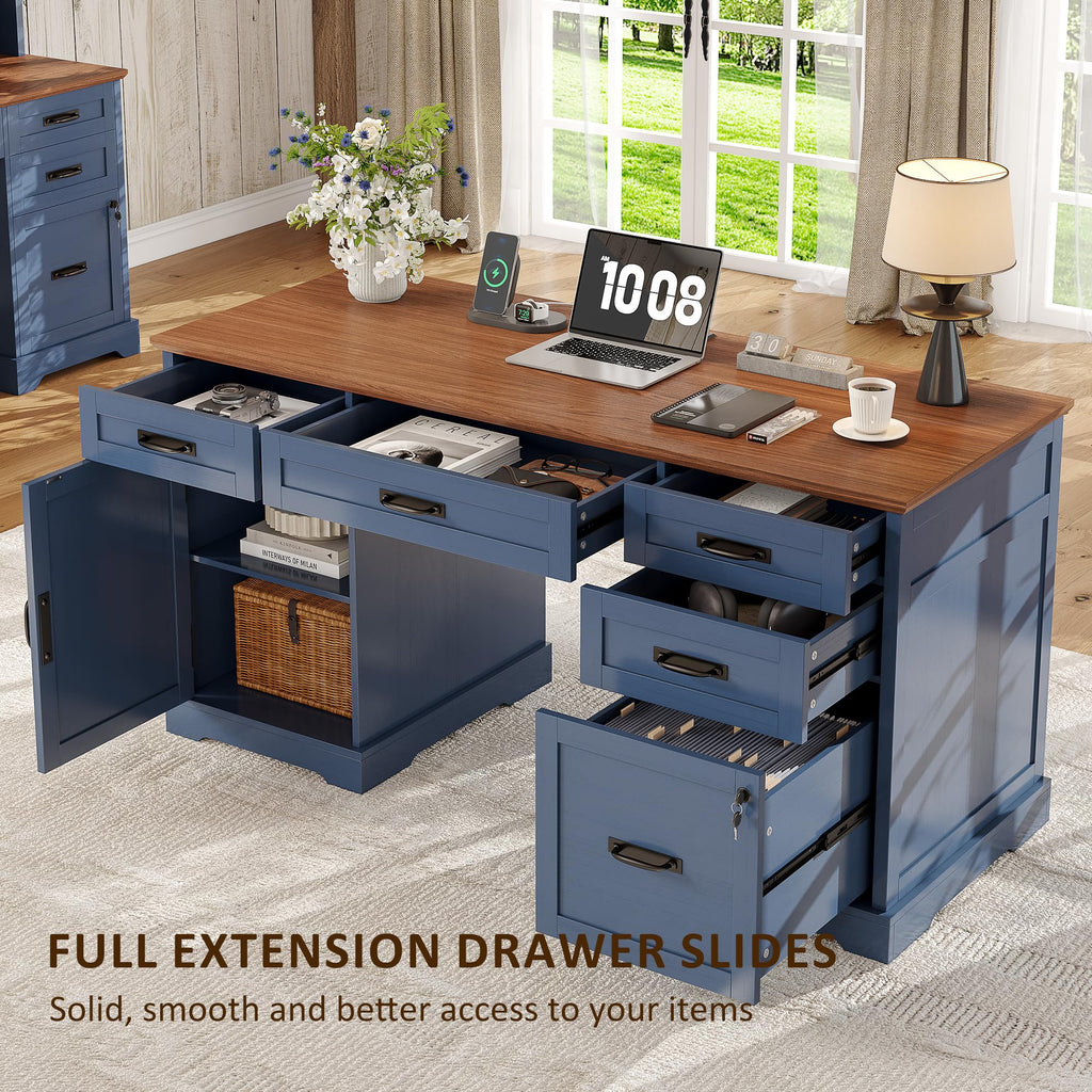 Whalefall: 55" Farmhouse Executive Desk with Drawers & Charging Station