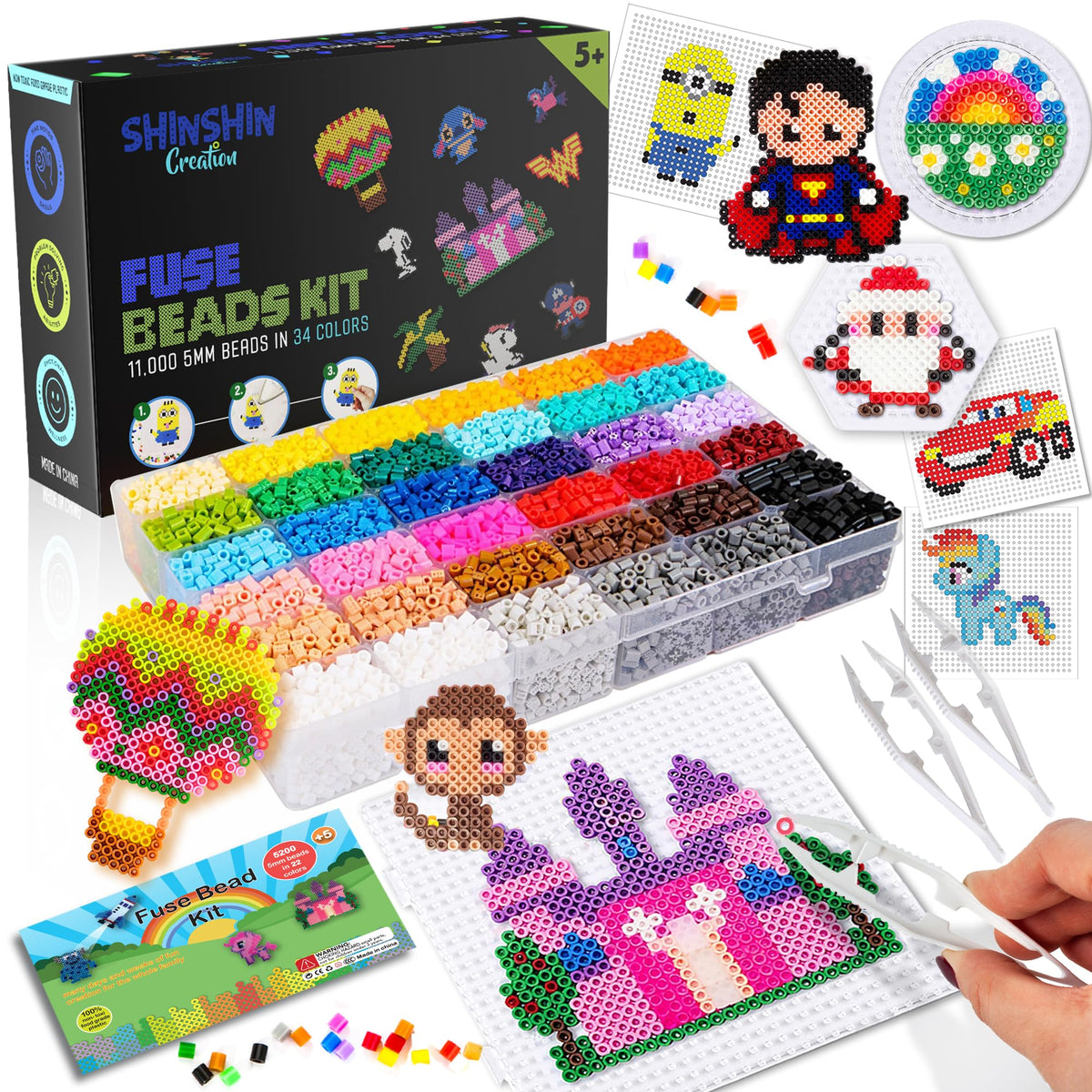 24,000 Mini Fuse Beads Kit - Tiny 2.6mm, 48 Colors, 5 Pegboards, Pixel Art