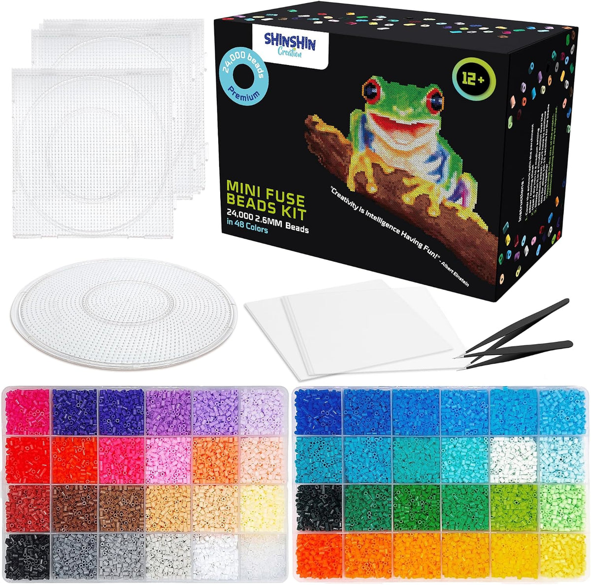 24,000 Mini Fuse Beads Kit - Tiny 2.6mm, 48 Colors, 5 Pegboards, Pixel Art