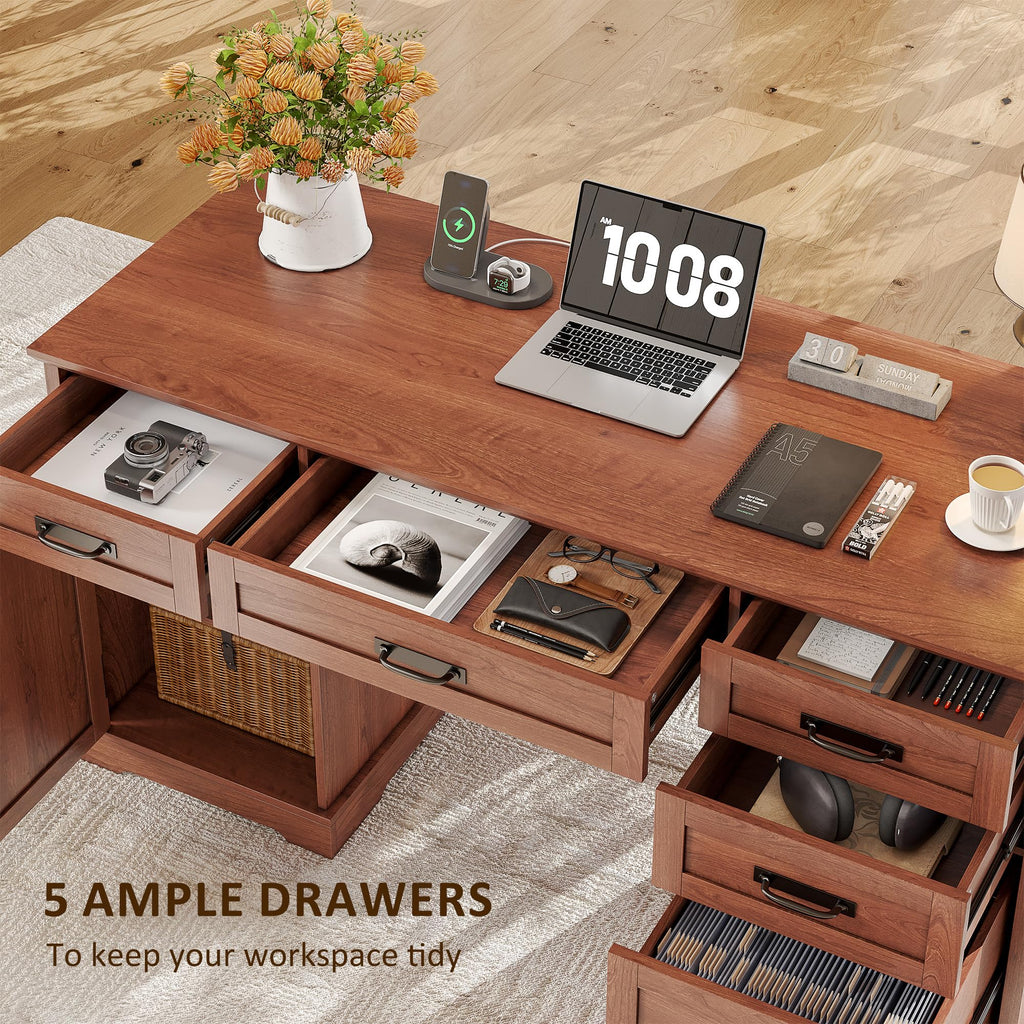 Whalefall: 55" Farmhouse Executive Desk with Drawers & Charging Station