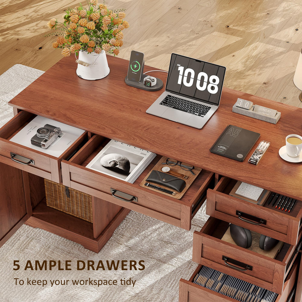 Whalefall: 55" Farmhouse Executive Desk with Drawers & Charging Station