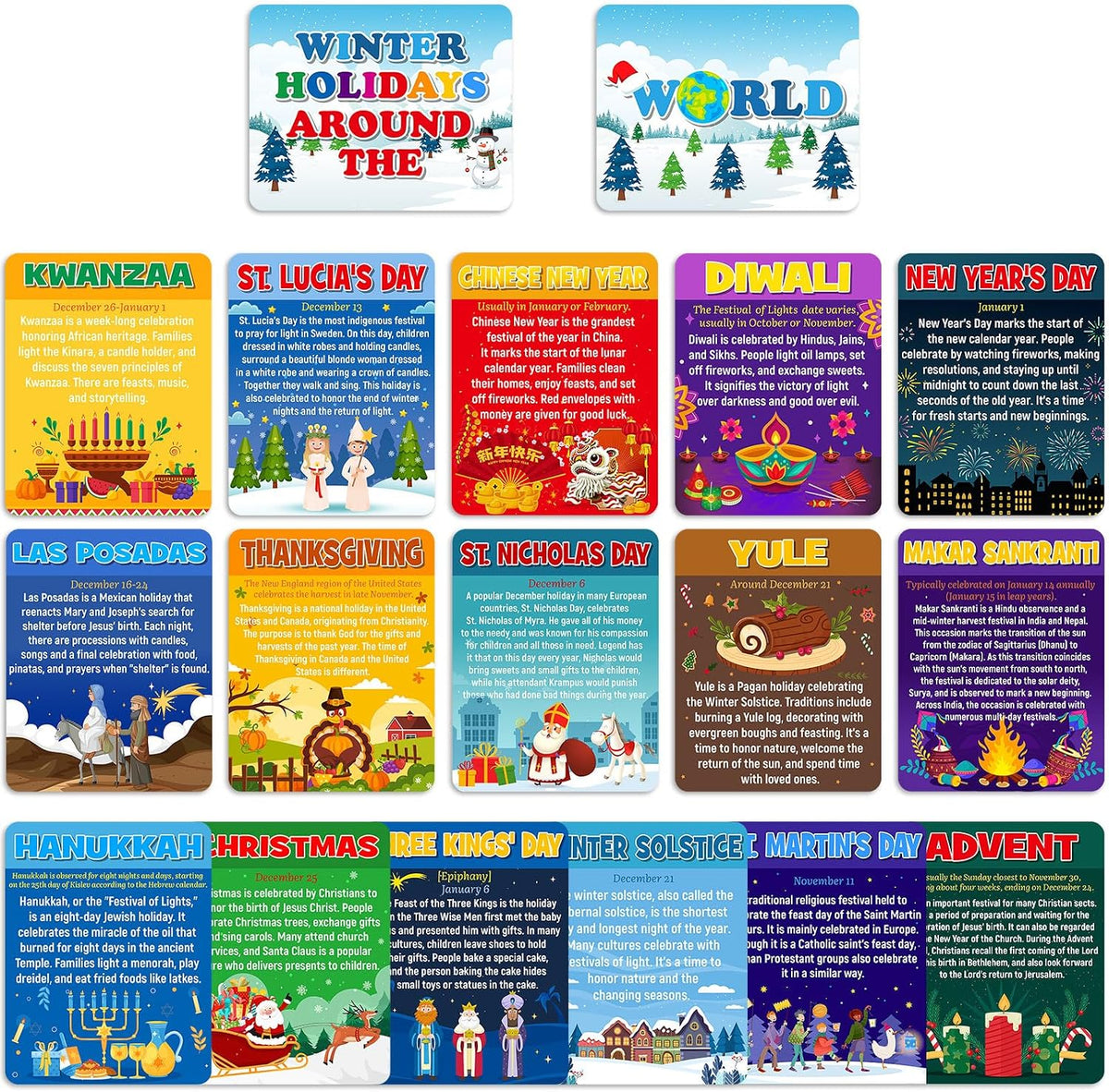 Funrous 18 Pcs Winter Holidays Bulletin Board Posters Set for Classroom