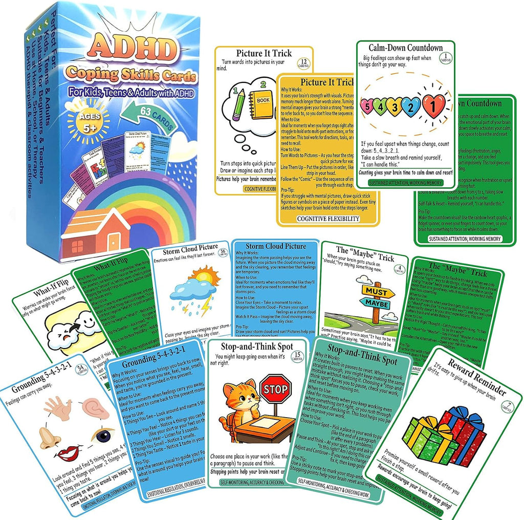ADHD Coping Skills Cards for Kids, Teens & Adults, 63 Pcs/Set, Ages 5+
