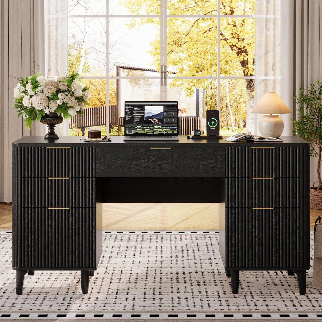 55.1" Fluted Executive Desk with Drawers, Wood Computer Desk with Storage Cabinet, Home Office Desk with Charging Station, Farmhouse Desk with File Cabinet for Office Home (Nature)
