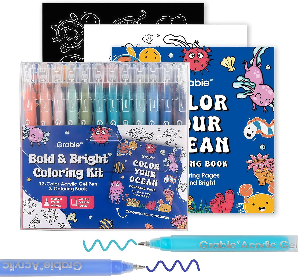 Grabie Acrylic Gel Pens Coloring Kit with Book, Pack of 12 Ocean Colors