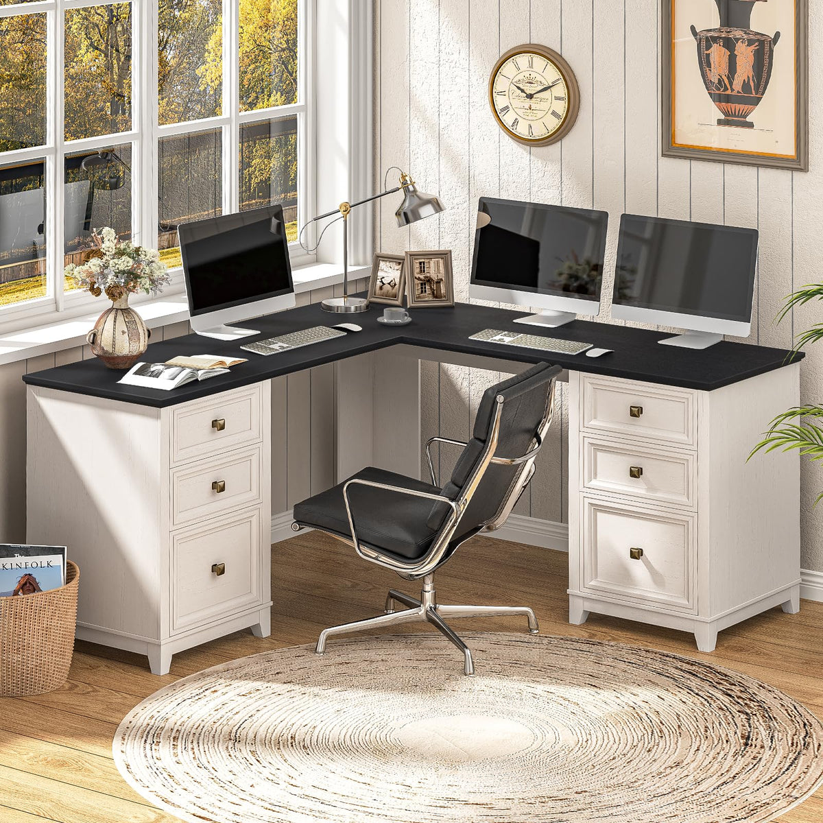 Vabches 51" Executive Desk Farmhouse Home Office Desk with Charging Station, LED Light, File Drawer, Storage Cabinet, Monitor Stand, Wood Computer Desk with Hutch for Work Study Writing (White)