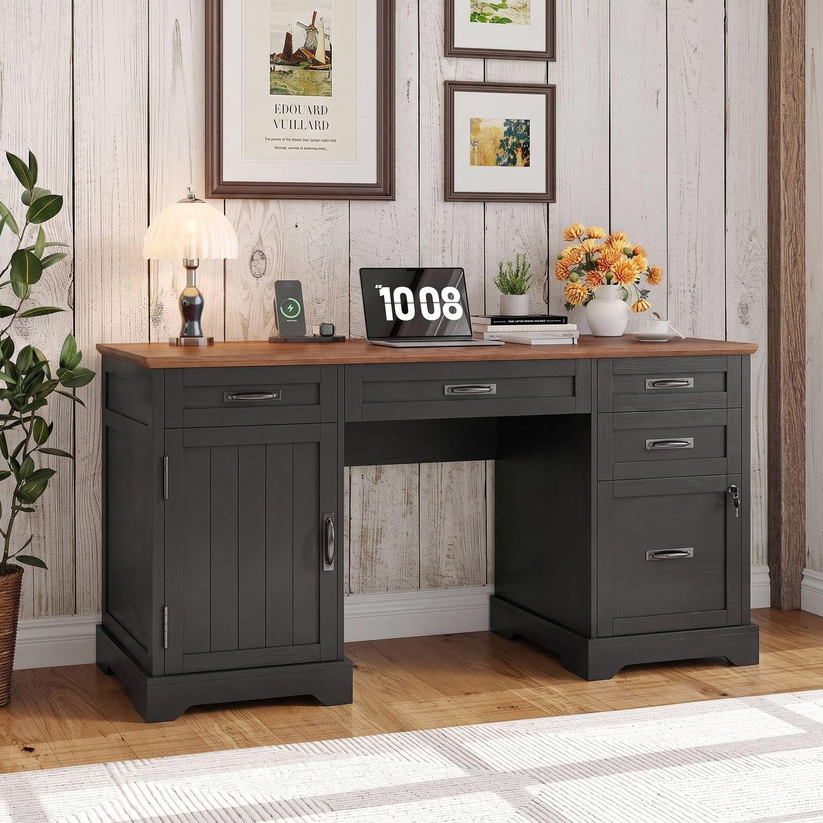 Whalefall: 55" Farmhouse Executive Desk with Drawers & Charging Station