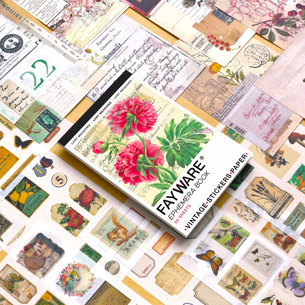 FAYWARE: Vintage Botanical Ephemera Sticker Book for Junk Journaling – 453 Washi Stickers & 20 Decoupage Sheets