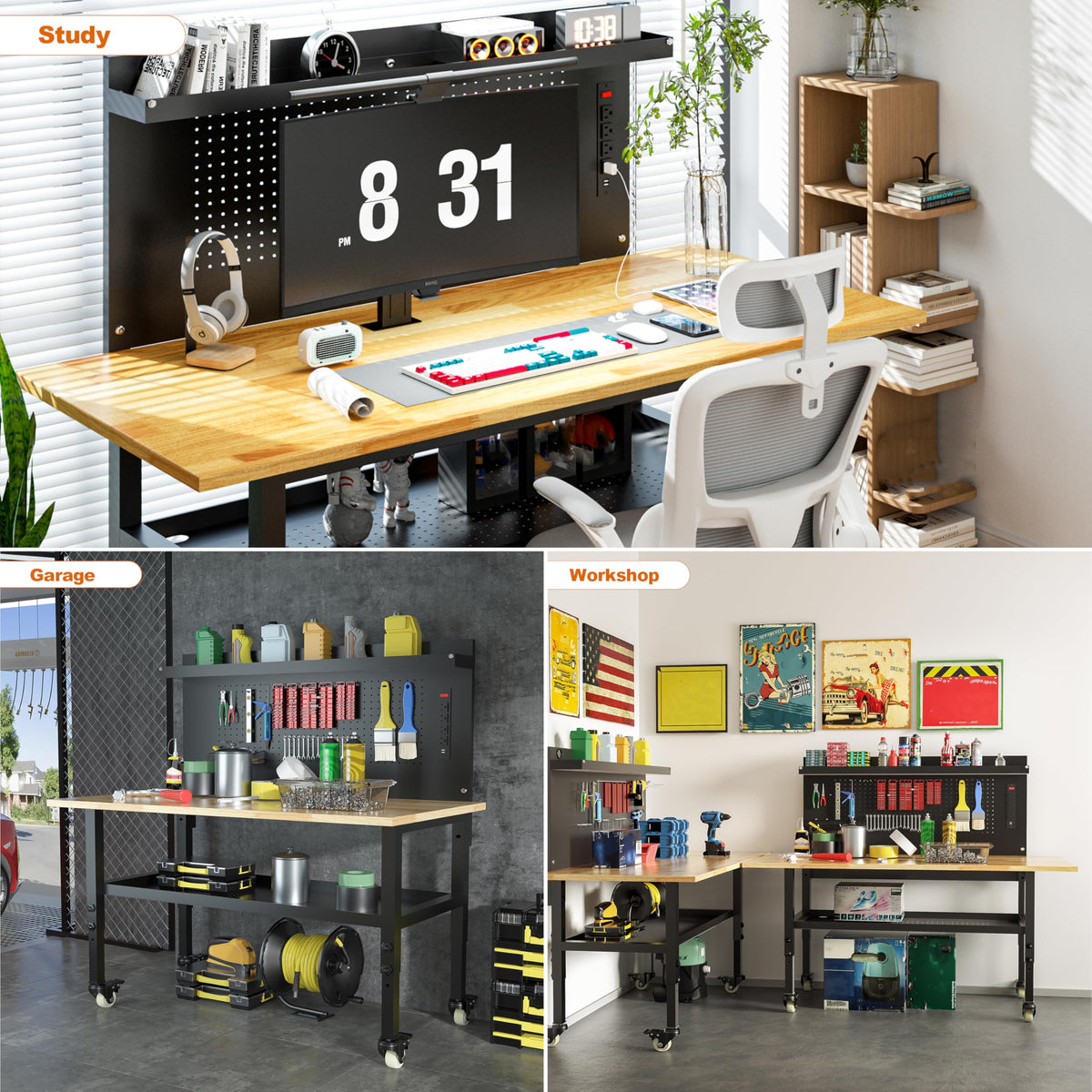 Betterhood 48" Heavy-Duty Adjustable Workbench for Garage, Rubber Wood Shop Table W/Metal Wheels, Hardwood Workstation Weight Capacity Over 2000 Lbs with Wheels