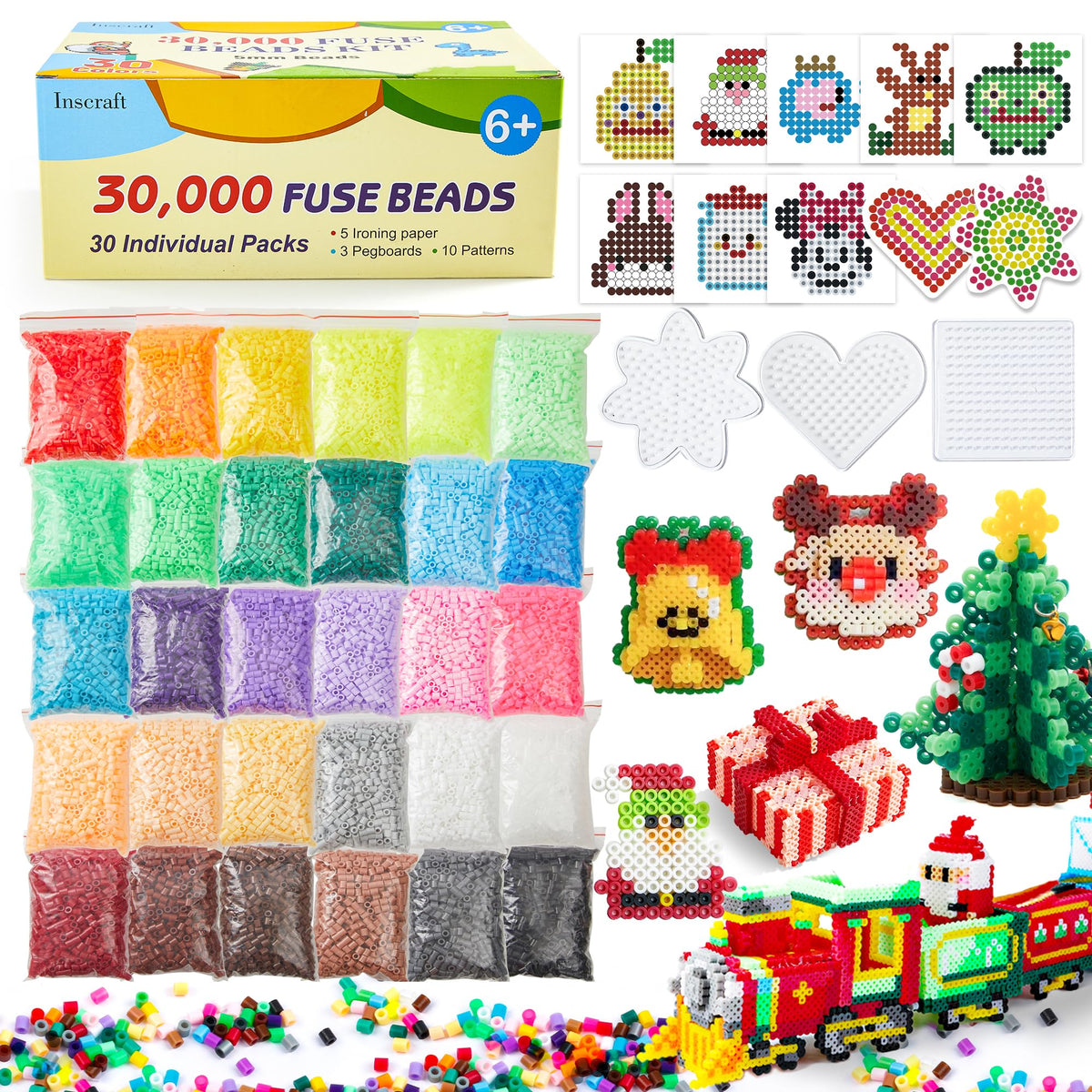 INSCRAFT Fuse Beads, 33000pcs Fuse Beads Kit for Kids, 33 Color 5MM Iron Beads Set with 150 Patterns, 8 Pegboards, 15 Ironing Paper, 6 Tweezers, 85 accessories, Craft Kits Gifts for Birthday Christmas