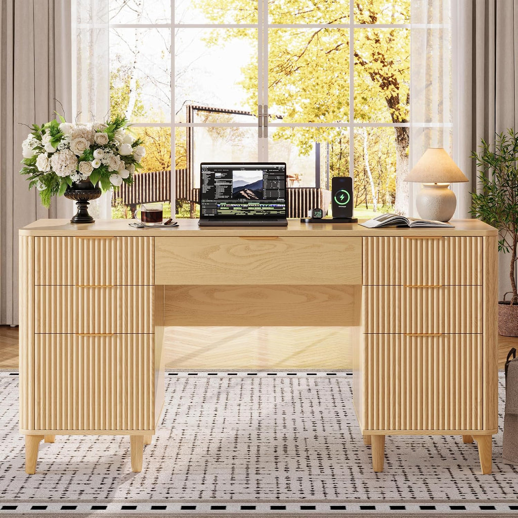 55.1" Fluted Executive Desk with Drawers, Wood Computer Desk with Storage Cabinet, Home Office Desk with Charging Station, Farmhouse Desk with File Cabinet for Office Home (Nature)