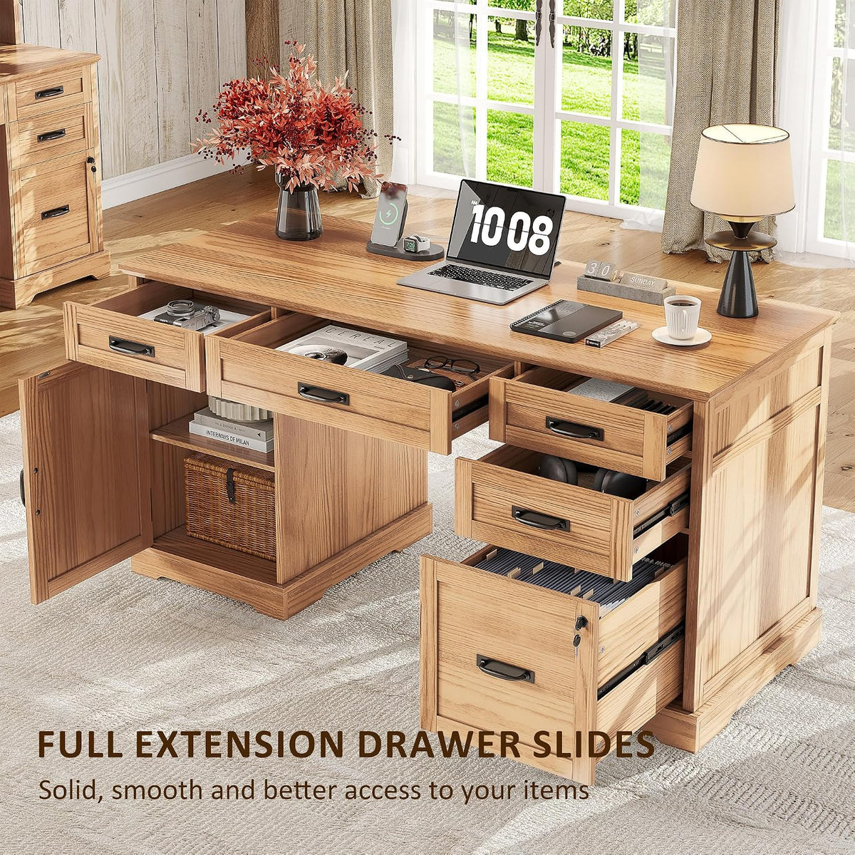 Whalefall: 55" Farmhouse Executive Desk with Drawers & Charging Station