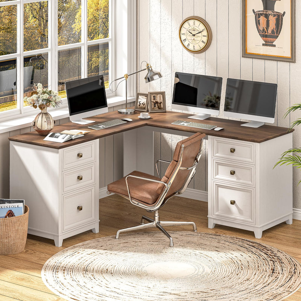 Vabches 51" Executive Desk Farmhouse Home Office Desk with Charging Station, LED Light, File Drawer, Storage Cabinet, Monitor Stand, Wood Computer Desk with Hutch for Work Study Writing (White)