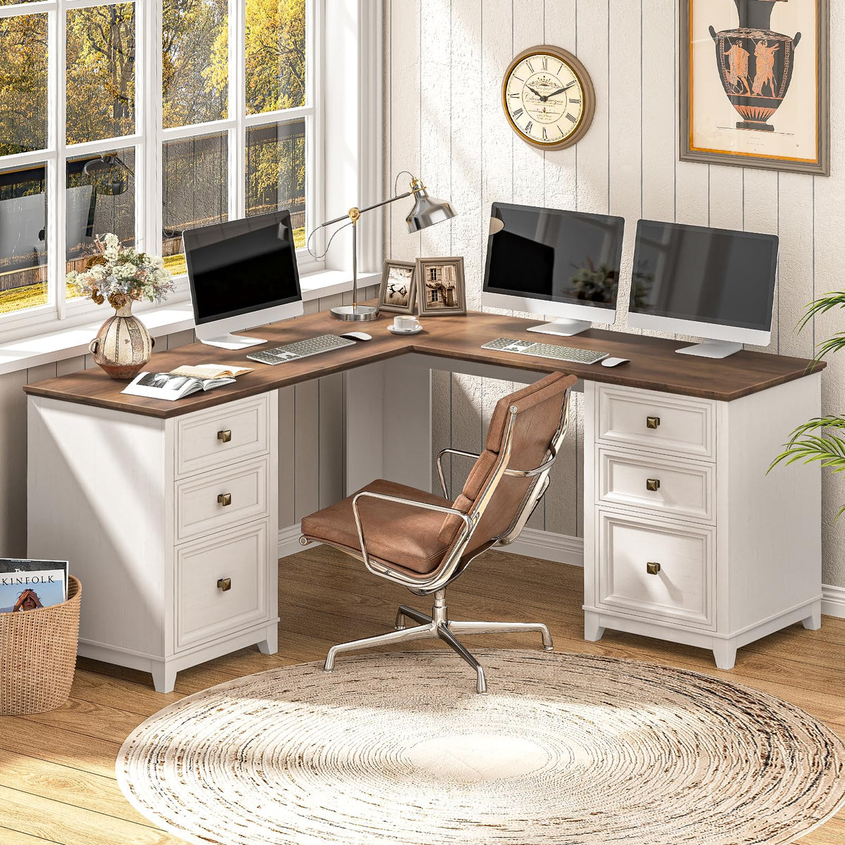 Vabches 51" Executive Desk Farmhouse Home Office Desk with Charging Station, LED Light, File Drawer, Storage Cabinet, Monitor Stand, Wood Computer Desk with Hutch for Work Study Writing (White)