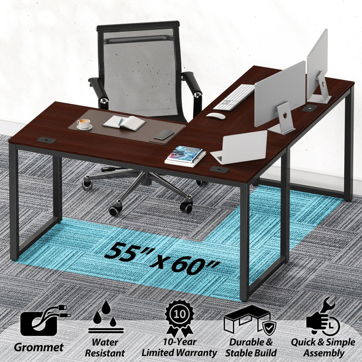 SHW 55 × 60-Inch Commercial-Grade L-Shaped Student Desk