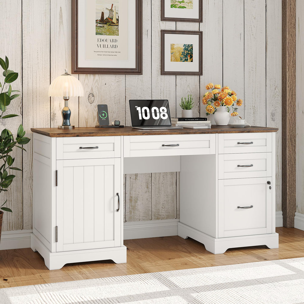 Whalefall: 55" Farmhouse Executive Desk with Drawers & Charging Station