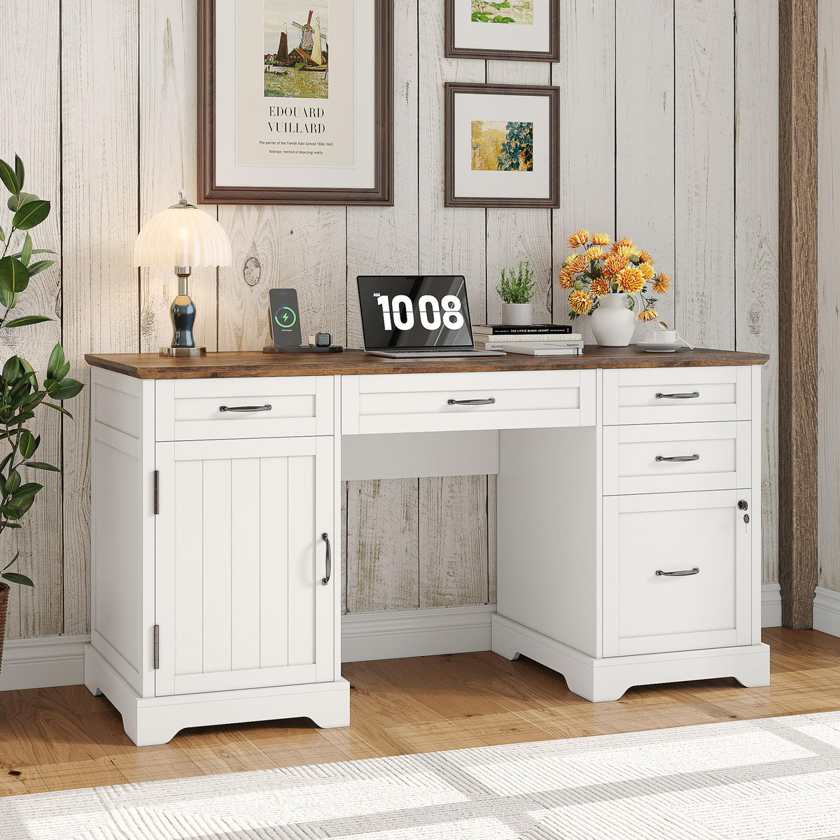 Whalefall: 55" Farmhouse Executive Desk with Drawers & Charging Station