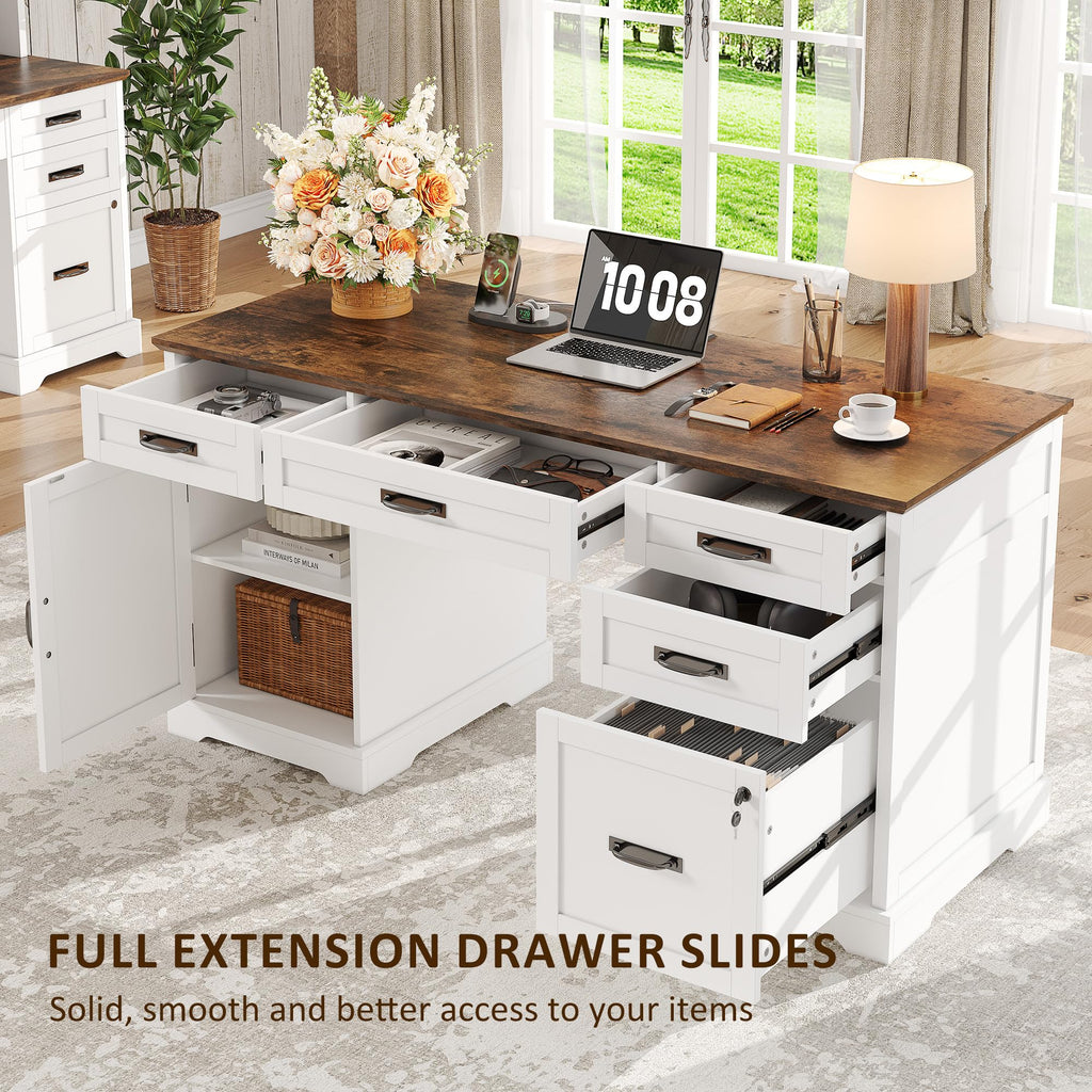 Whalefall: 55" Farmhouse Executive Desk with Drawers & Charging Station
