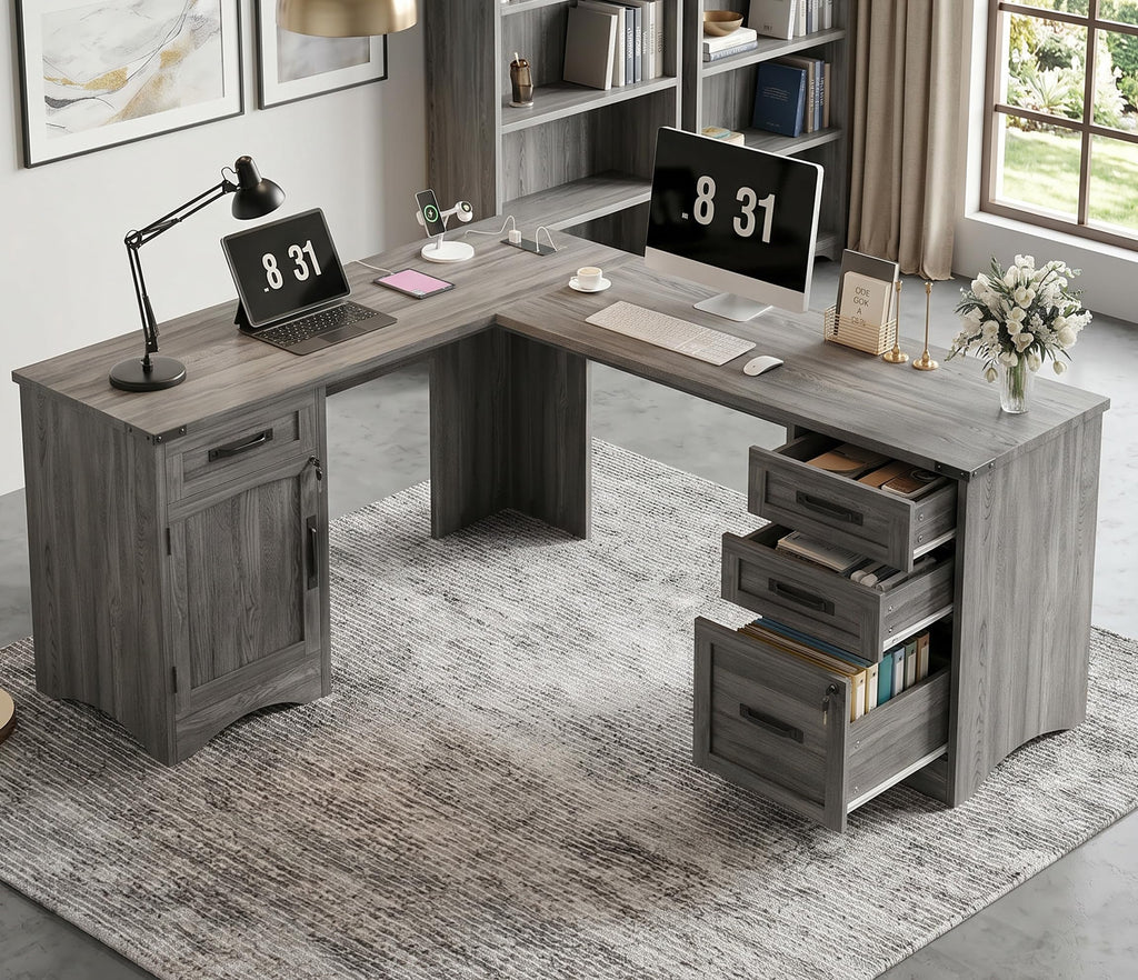 Decofy 67" Farmhouse L Shaped Standing Desk with Drawers Home Office Executive Desks with Fast Charging Station, Lockable File Cabinet, Wood Writing Computer Desk for Work, Study, White