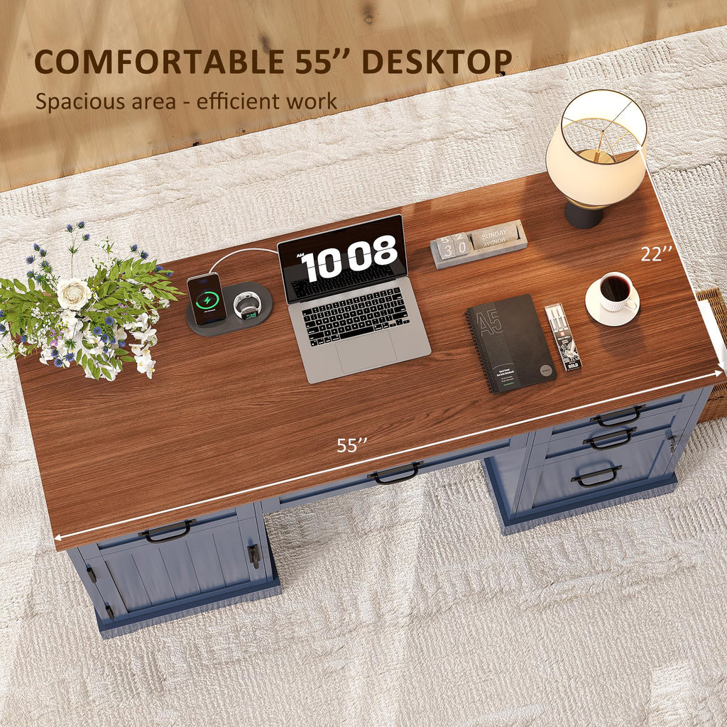 Whalefall: 55" Farmhouse Executive Desk with Drawers & Charging Station