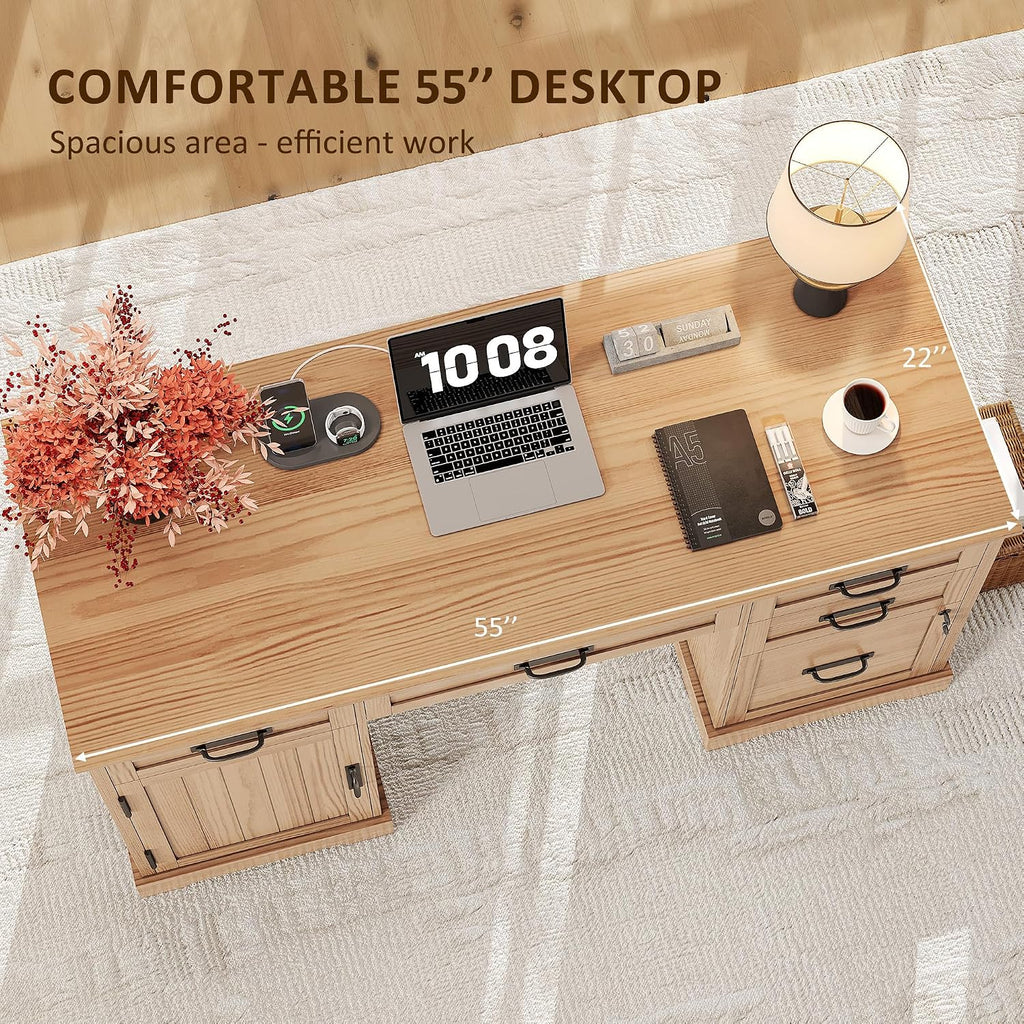 Whalefall: 55" Farmhouse Executive Desk with Drawers & Charging Station