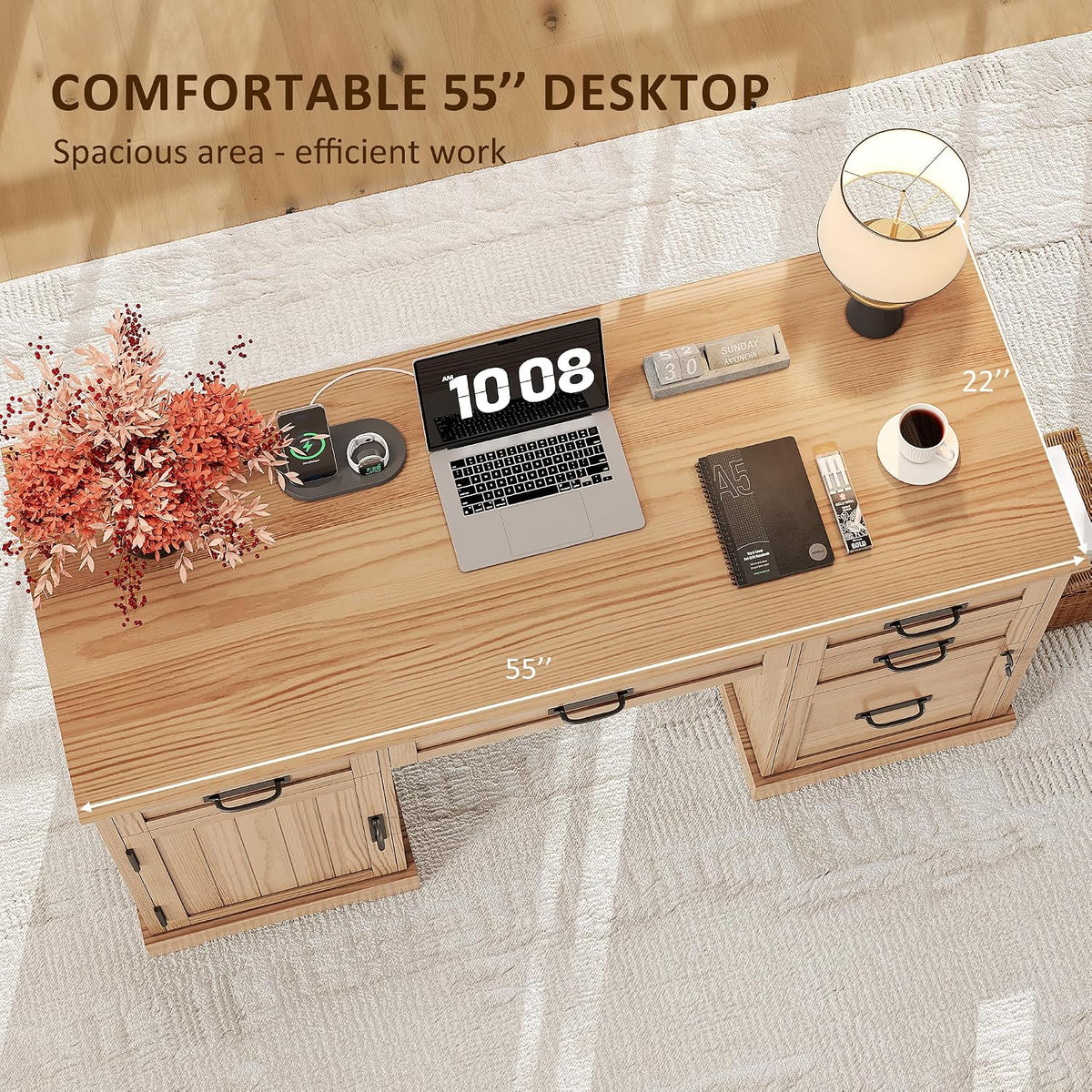Whalefall: 55" Farmhouse Executive Desk with Drawers & Charging Station