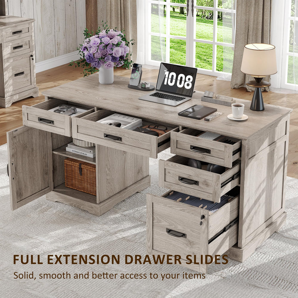 Whalefall: 55" Farmhouse Executive Desk with Drawers & Charging Station