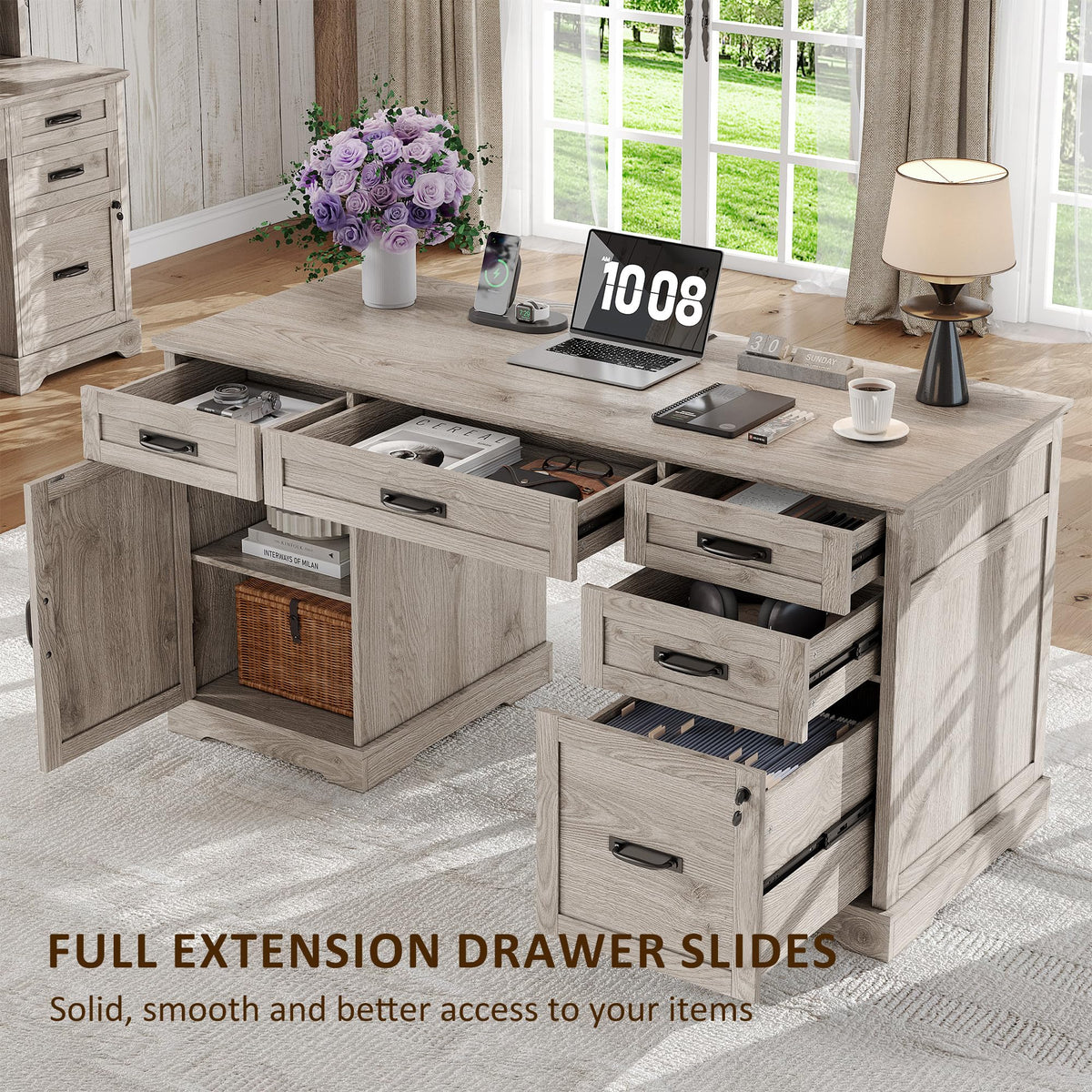 Whalefall: 55" Farmhouse Executive Desk with Drawers & Charging Station