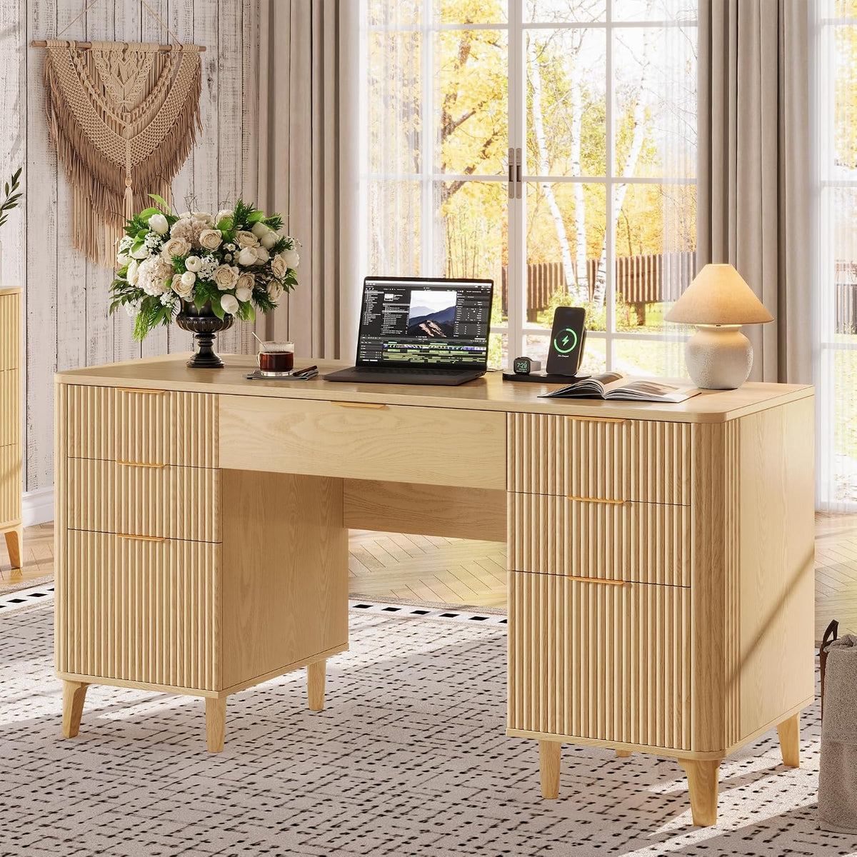 55.1" Fluted Executive Desk with Drawers, Wood Computer Desk with Storage Cabinet, Home Office Desk with Charging Station, Farmhouse Desk with File Cabinet for Office Home (Nature)