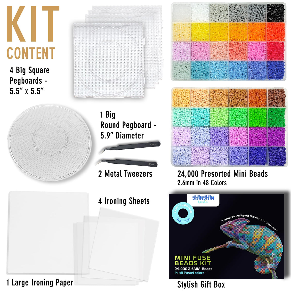 24,000 Mini Fuse Beads Kit - Tiny 2.6mm, 48 Colors, 5 Pegboards, Pixel Art