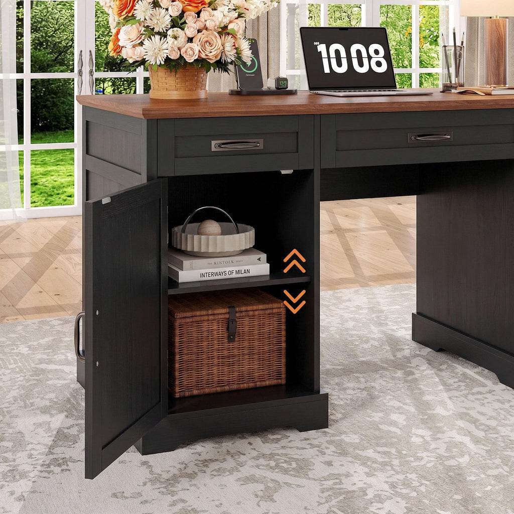 Whalefall: 55" Farmhouse Executive Desk with Drawers & Charging Station
