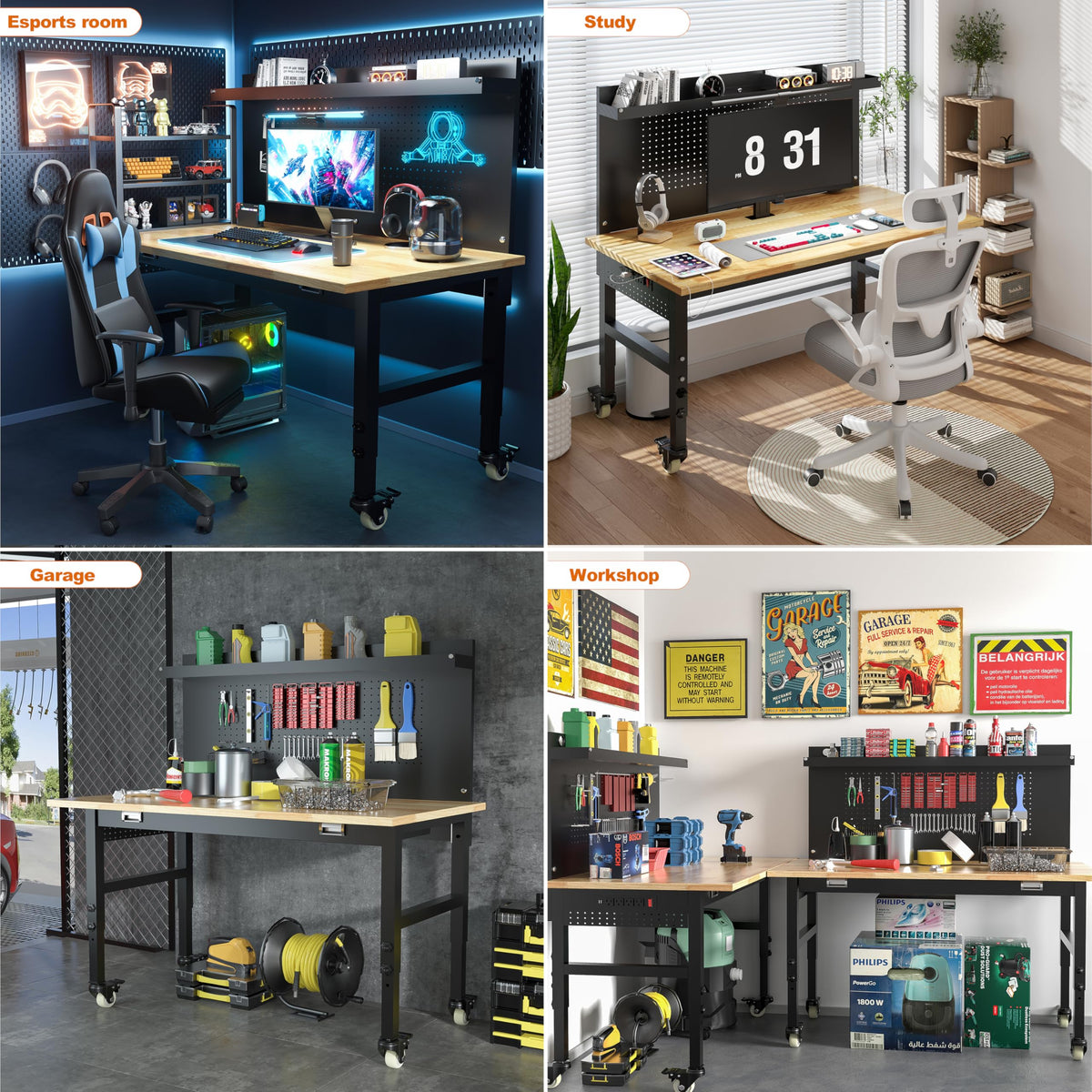 Betterhood 48" Heavy-Duty Adjustable Workbench for Garage, Rubber Wood Shop Table W/Metal Wheels, Hardwood Workstation Weight Capacity Over 2000 Lbs with Wheels