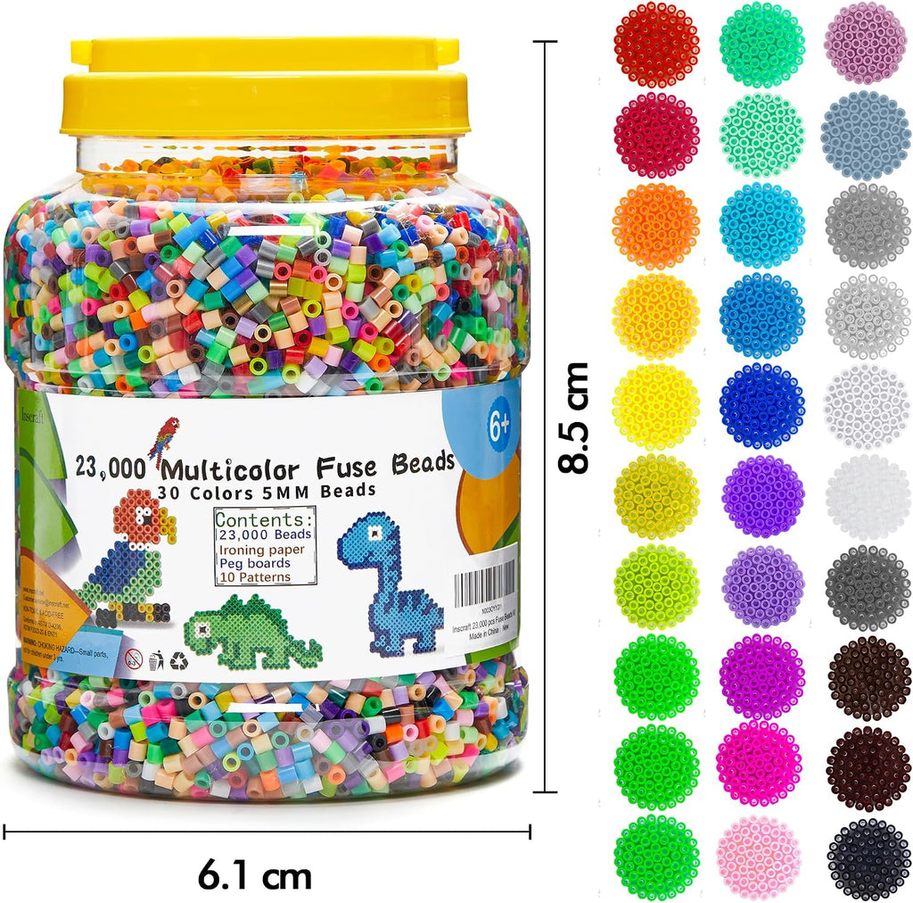 INSCRAFT 2 Buckets of Fuse Beads, 46,000 pcs 5mm Iron Beads for Kids Crafts, 30 Colors with 6 Pegboards, 10 Ironing Paper, 20 Patterns, Gifts for Birthday Christmas, Multicolor Refill Kit