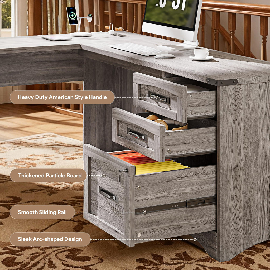 Decofy 67" Farmhouse L Shaped Standing Desk with Drawers Home Office Executive Desks with Fast Charging Station, Lockable File Cabinet, Wood Writing Computer Desk for Work, Study, White