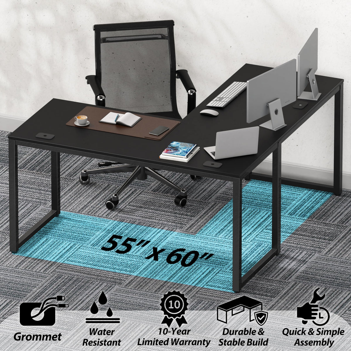 SHW 55 × 60-Inch Commercial-Grade L-Shaped Student Desk