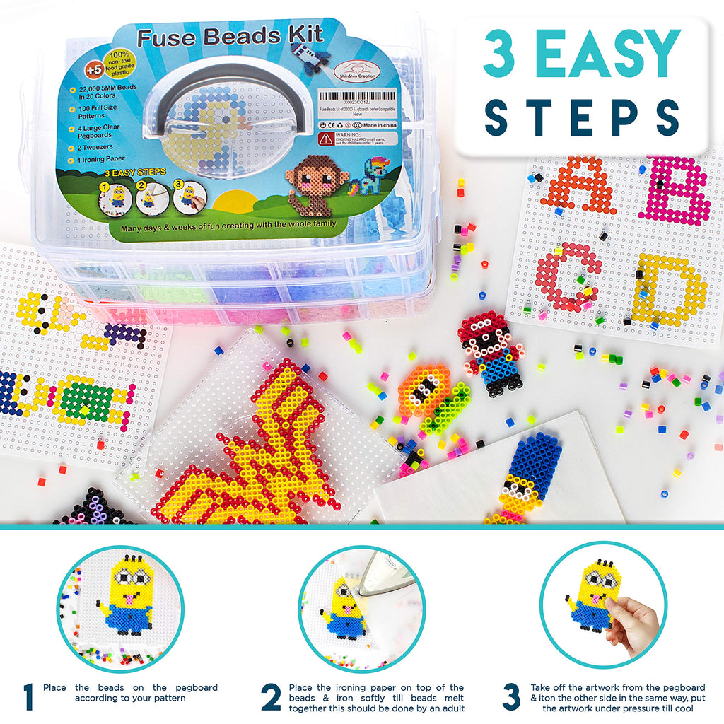 24,000 Mini Fuse Beads Kit - Tiny 2.6mm, 48 Colors, 5 Pegboards, Pixel Art