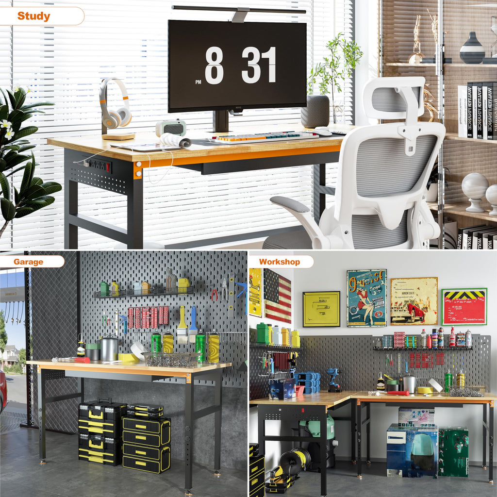 Betterhood 48" Heavy-Duty Adjustable Workbench for Garage, Rubber Wood Shop Table W/Metal Wheels, Hardwood Workstation Weight Capacity Over 2000 Lbs with Wheels