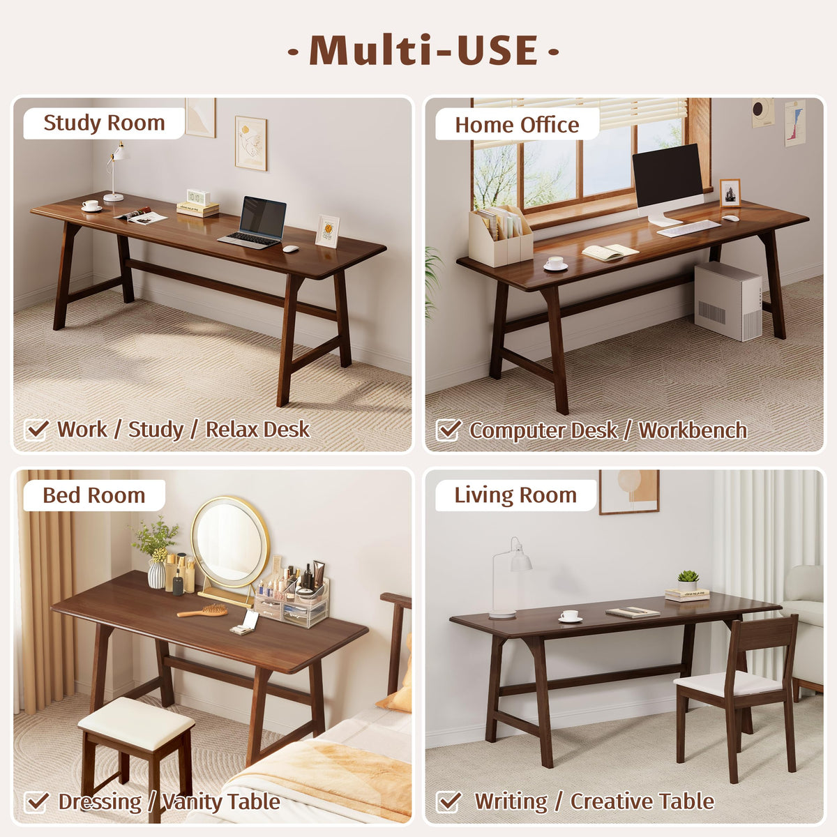 IOTXY Solid Wood Writing Table - 60" W Minimalist PC Computer Desk, Oak