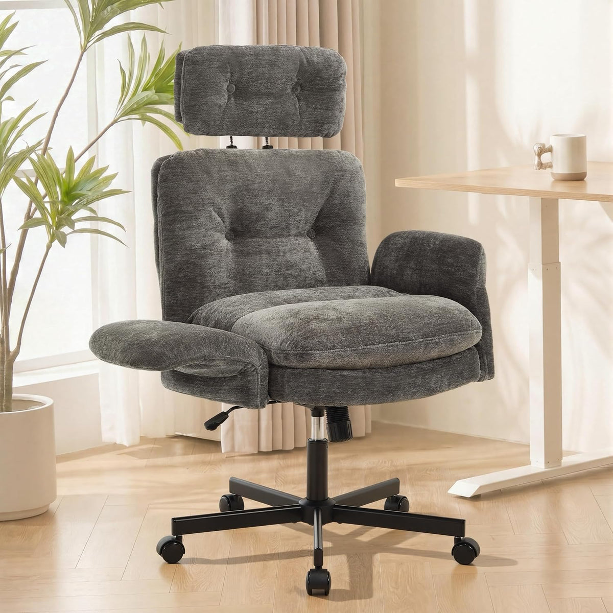 FiveWillowise Cross Legged Office Chair with Flip-up Arms&Hight Back,Grey