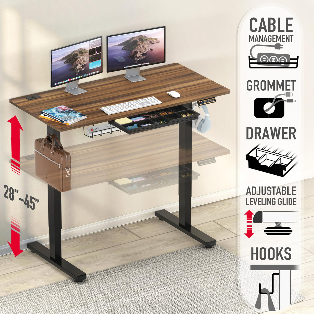 SHW 55 x 28 Electric Height Adjustable Standing Desk w/Drawer, White