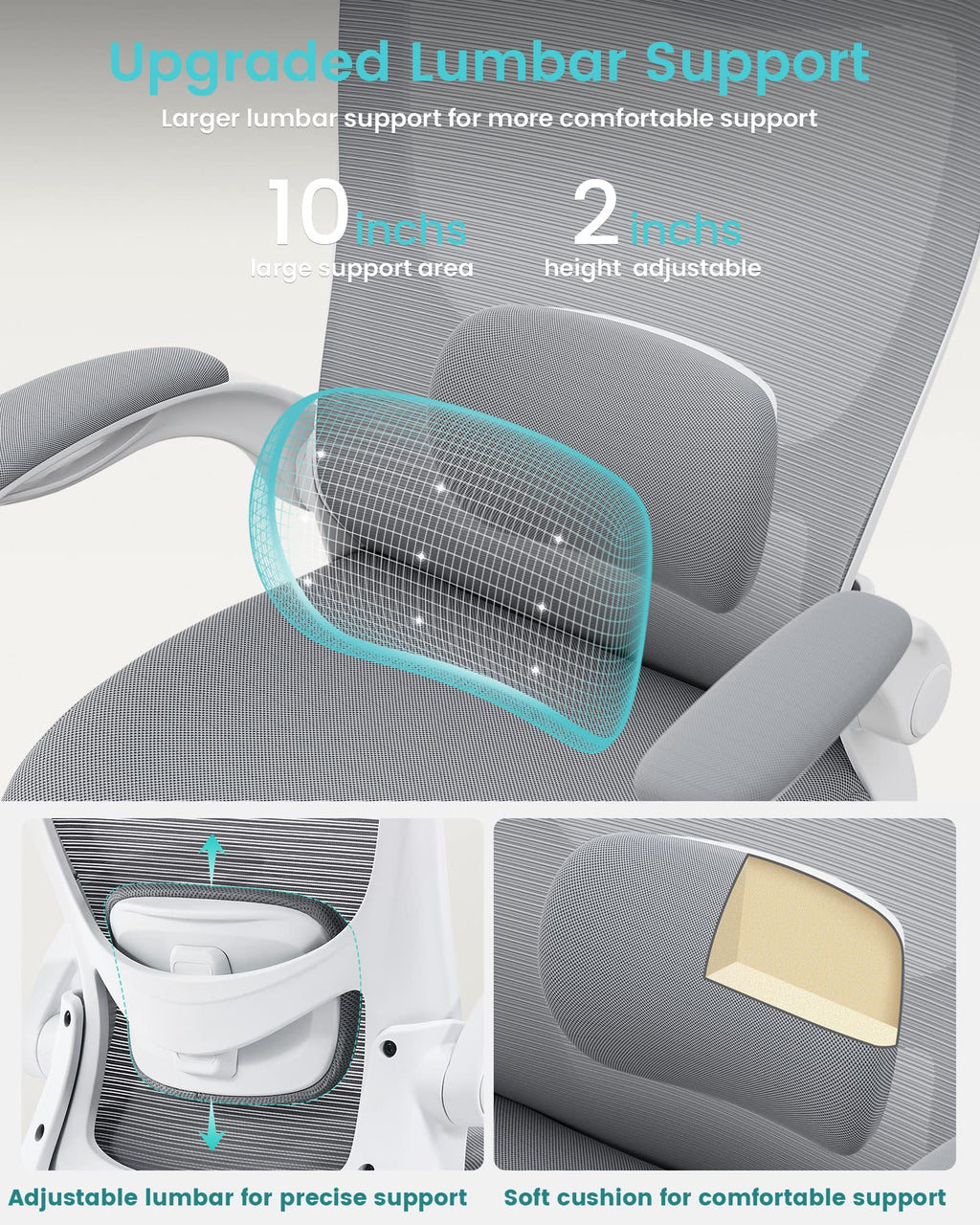 MUXX.STIL Office Chair, Ergonomic Desk Chair with Adjustable Lumbar Support and Flip up Armrest, Breathable Mesh Computer Chair for Home Office, Khaki