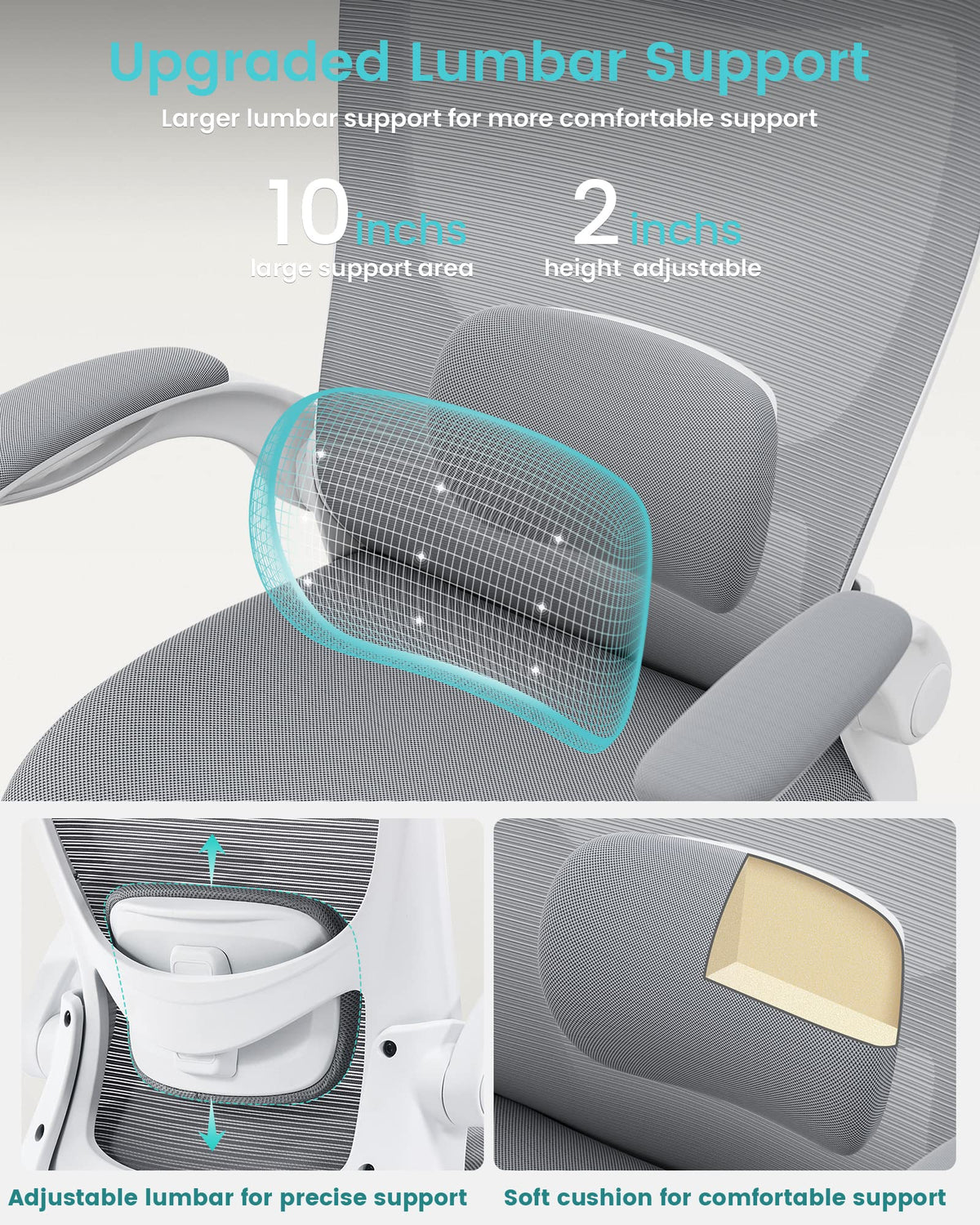 MUXX.STIL Office Chair, Ergonomic Desk Chair with Adjustable Lumbar Support and Flip up Armrest, Breathable Mesh Computer Chair for Home Office, Khaki