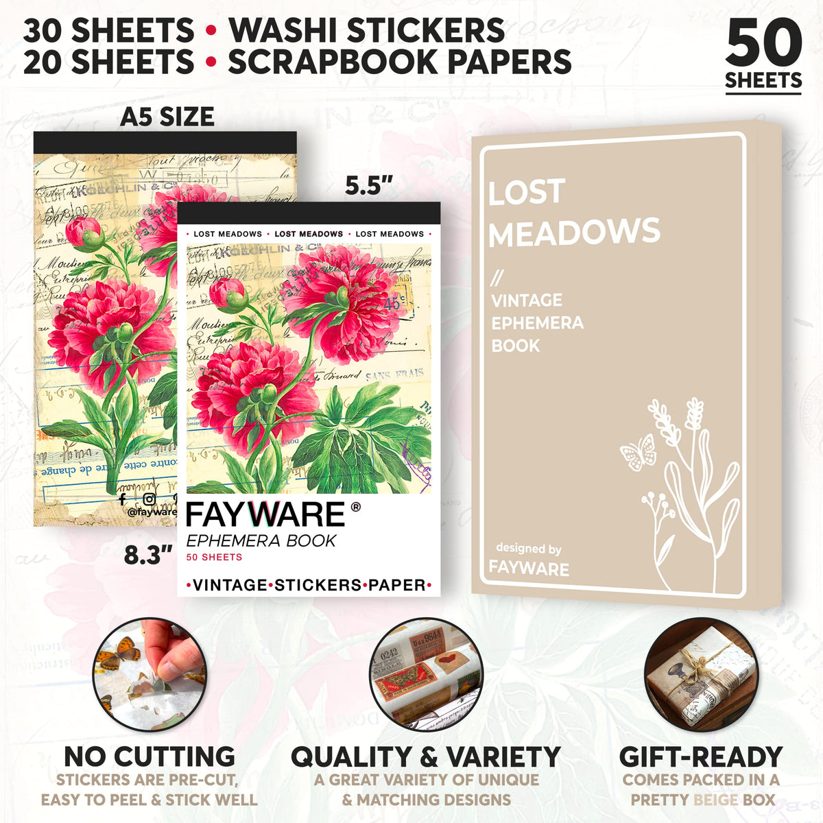 FAYWARE: Vintage Botanical Ephemera Sticker Book for Junk Journaling – 453 Washi Stickers & 20 Decoupage Sheets